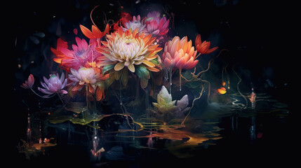 Obraz na płótnie Canvas Flowers painting, Dark night colorful 