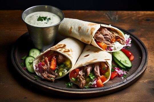 Middle Eastern shawarma with pickled vegetables and tahini sauce