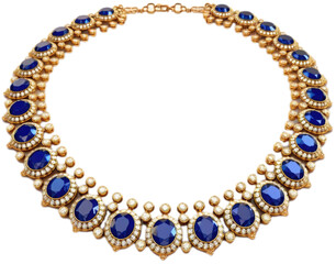 golden necklace with blue sapphire gems and diamonds isolated on a white background as transparent PNG, generative AI jewelry - obrazy, fototapety, plakaty