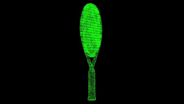 3D tennis racket rotates on black background. Object made of shimmering particles. Sport equipment concept. For title, text, presentation. 3d animation 60 FPS