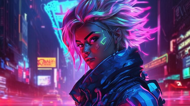 A cyberpunk elf with neon hair and glowing eyes. Fantasy concept , Illustration painting. Generative AI