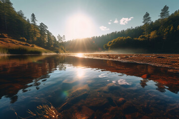 Lake, crisp radiant reflections, sunlight gleaming. AI generative