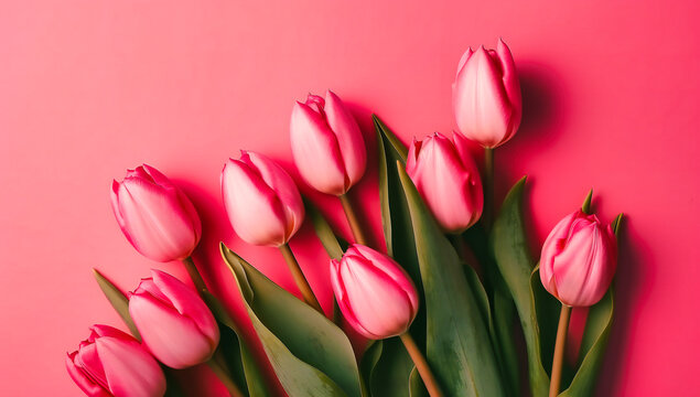 flowers and tulips placed on a pink background