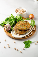 Close up of vegan burger fritters vegetables spinach pasties
