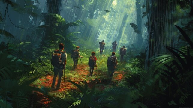 A group of adventurers hiking through a dense jungle. Fantasy concept , Illustration painting. Generative AI