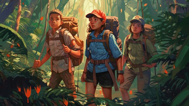 A group of adventurers hiking through a dense jungle. Fantasy concept , Illustration painting. Generative AI