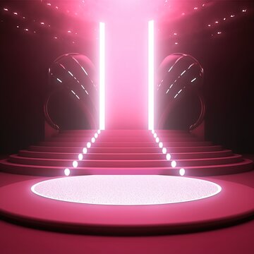 White podium and pink carpet with spotlights. generative ai