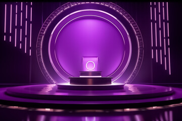 Fototapeta na wymiar Purple Violet Pink Display mock up 3D luxury stage with LED light and simple shape decoration around it. generative AI