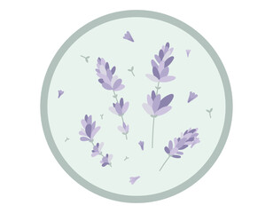 Round vector sticker or label with sprigs and lavender flowers in flat style.