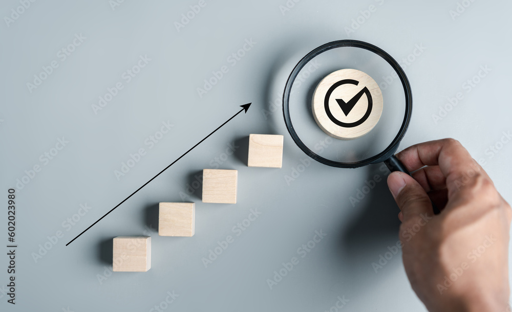 Aufkleber Step to Quality Standard approved Assurance or QA and Quality Control or QC and improvement. Standardization. certification. Compliance to regulations service and standards.