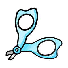 Hand-drawn watercolor illustration of baby safety nail scissors. Child care items isolated in doodle style.