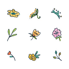 Hand drawn watercolor set of flowers in cartoon style.