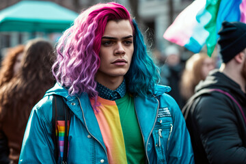 Anonymous trans woman advocate for transgender community, their colorful ensemble and her purple hair symbolizes visibility of LGBT movement during empowering demonstration. Generative AI.