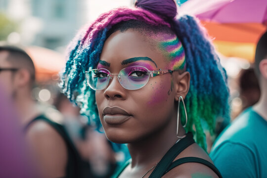 African american woman proudly joins the ranks of the LGBT demonstration, their face painted in the iconic colors of the rainbow flag, standing as a symbol of solidarity and visibility. Generative AI.