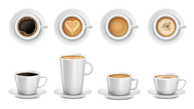 Realistic 3D cups of coffee. White ceramic cup of cappuccino, latte art and coffee shop promotion mockup isolated vector illustration set