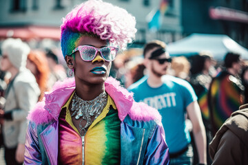 Bisexual african american woman with vibrant colors clothing of rainbow flag, passionately participates in LGBT protest, calling for a society that embraces all gender identities. Generative AI.