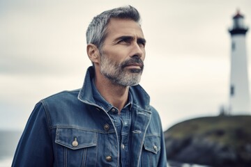Portrait of a handsome middle-aged man in denim jacket standing near the lighthouse