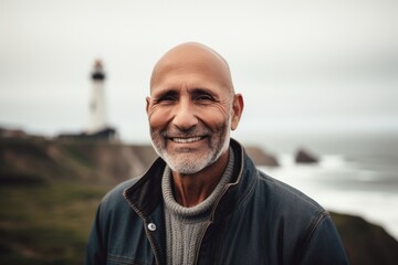 Portrait of a smiling senior man standing by the lighthouse at the coast