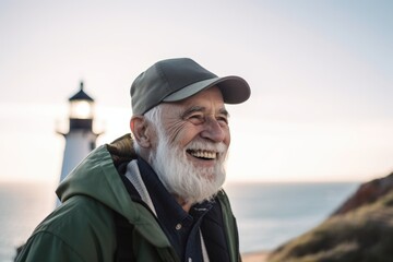 Portrait of smiling senior man standing in front of lighthouse at sunset