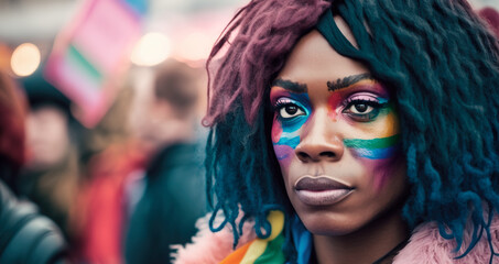 Trans activist, donning with vibrant clothing and a rainbow flag painted across their face, takes a stand amidst the lively LGBT rally, advocating for world that celebrates diversity. Generative AI.