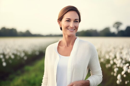 Portrait of beautiful mature woman standing in cotton field on sunny day