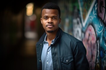 Portrait of young african american man in urban background.