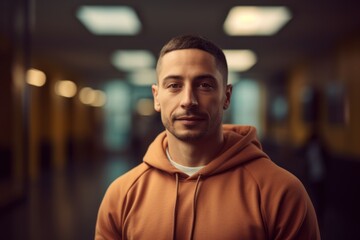 Obraz premium Lifestyle portrait photography of a pleased man in his 30s wearing a comfortable tracksuit against a gym or fitness center background. Generative AI