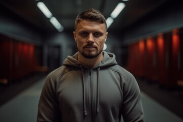Fototapeta premium Lifestyle portrait photography of a pleased man in his 30s wearing a comfortable tracksuit against a gym or fitness center background. Generative AI