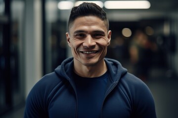 Lifestyle portrait photography of a grinning man in his 30s wearing a comfortable tracksuit against a gym or fitness center background. Generative AI