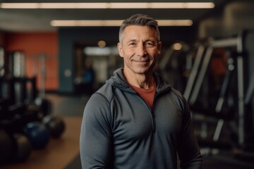 Fototapeta na wymiar Lifestyle portrait photography of a pleased man in his 40s wearing a chic cardigan against a gym or fitness center background. Generative AI
