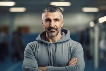 Obraz premium Portrait of confident mature man with arms crossed standing in fitness studio
