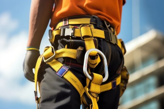 Climber worker with construction safety equipment working at height, safety harness and seat belt closeup. Generative AI