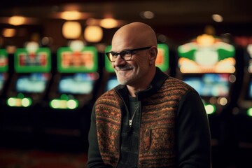 Portrait of a senior man playing slot machine in casino. Cheerful mature man in eyeglasses smiling and looking at camera.