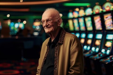 Portrait of a smiling senior man playing slot machine in casino.