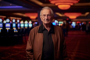 Fototapeta premium Environmental portrait photography of a pleased man in his 70s wearing a comfortable tracksuit against a casino or gaming floor background. Generative AI