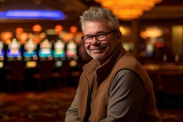 Portrait of a happy senior man at the casino. Cheerful mature man at the casino.