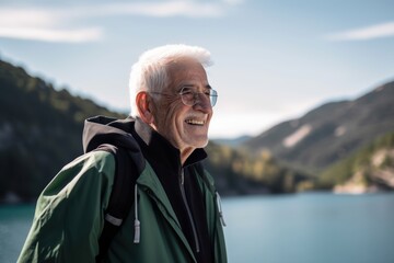 Fototapeta na wymiar Portrait of senior man with backpack looking at camera on mountain lake