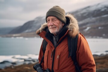 Fototapeta na wymiar Lifestyle portrait photography of a pleased man in his 70s wearing a warm parka against a bird's-eye view or aerial landscape background. Generative AI