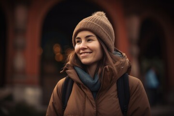 Portrait of a smiling young woman walking in the city at night