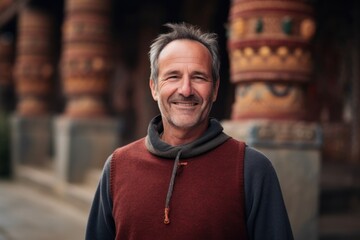 Obraz premium Portrait of a handsome middle-aged man with grey hair wearing a red turtleneck sweater and smiling at the camera.