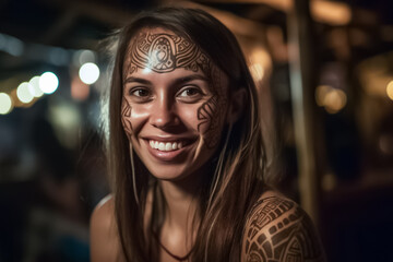 Obraz na płótnie Canvas A tattoo Asian model with intricate Dayak inspired body art poses in front of a dark background, evoking a sense of tribal mystery and allure. generative AI