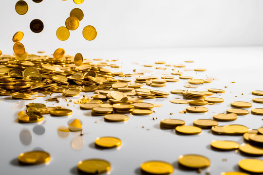 Golden coins rain down on a pristine white floor in a studio setting, reflecting light from powerful studio lights against a clean white background. Alternative AI.