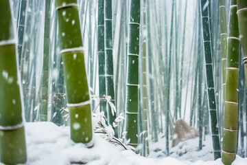 Imagination of an empty walking path in the Snowing serene bamboo grove forest of Japan. generative AI.