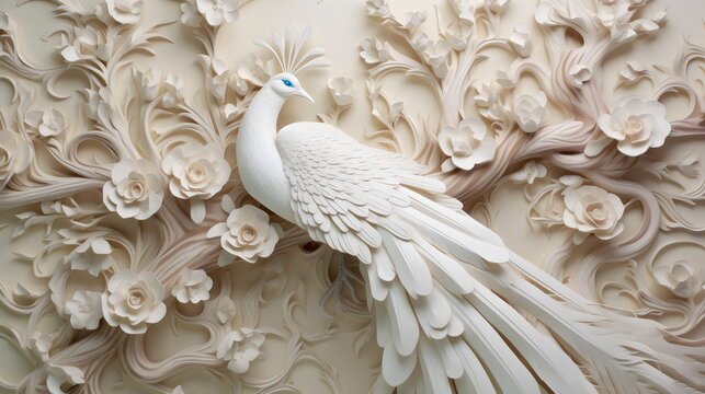 white carved relief art sculpture with peacock on branch and roses, ornate decorative wallpaper made with generative ai © Ricky