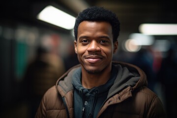 young handsome african american man in subway station, lifestyle people concept