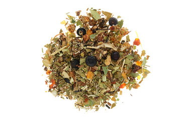 Incense blend of frankincense (olibanum), myrtle, juniper, amber, camphor and rosemary, traditionally used for cleansing rituals. Overhead view, isolated on white background.