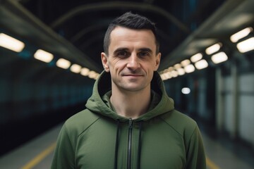 Fototapeta premium portrait of handsome man looking at camera while standing in subway station