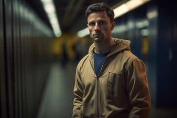 Obraz premium Portrait of a handsome young man standing in an underground passage.