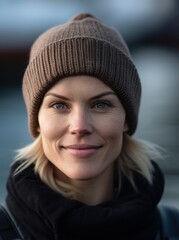 Portrait of a beautiful young woman wearing a knitted hat.