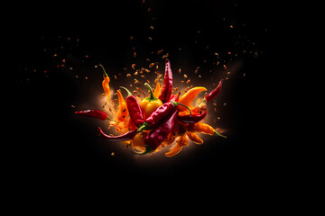 The spicy chilies are swirling together, twisting into a fiery explosion on a dark black background. generative AI.